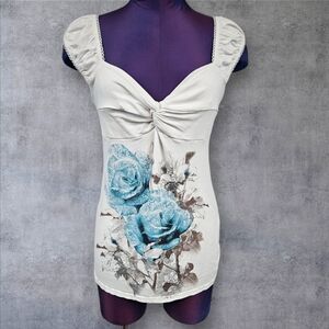 Venus Y2K‎ Milkmaid Babydoll Top Tattoo Rose Graphic Size Medium Women's Q32